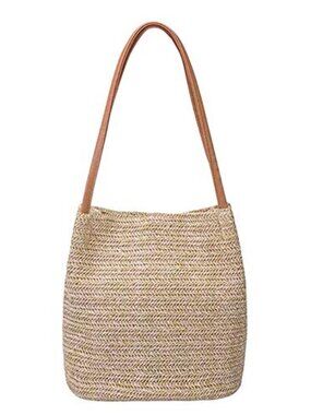 Straw Woven Tote Bag PU Leather Handles Bucket Shoulder Bag for Women Beach